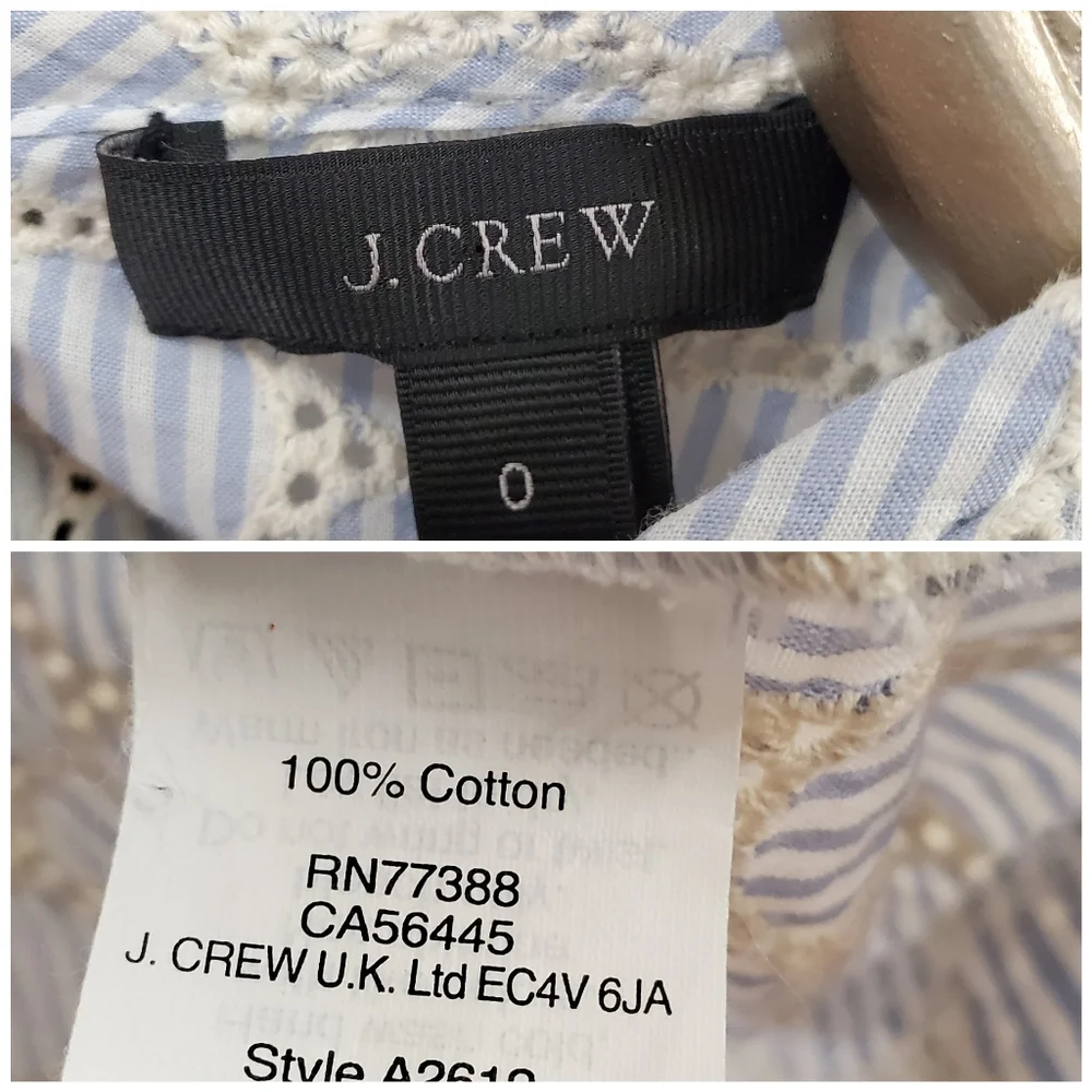 J. CREW Embroidered Eyelet Cotton Seersucker Top Sz 0 XS Ribbon Tie Blue White